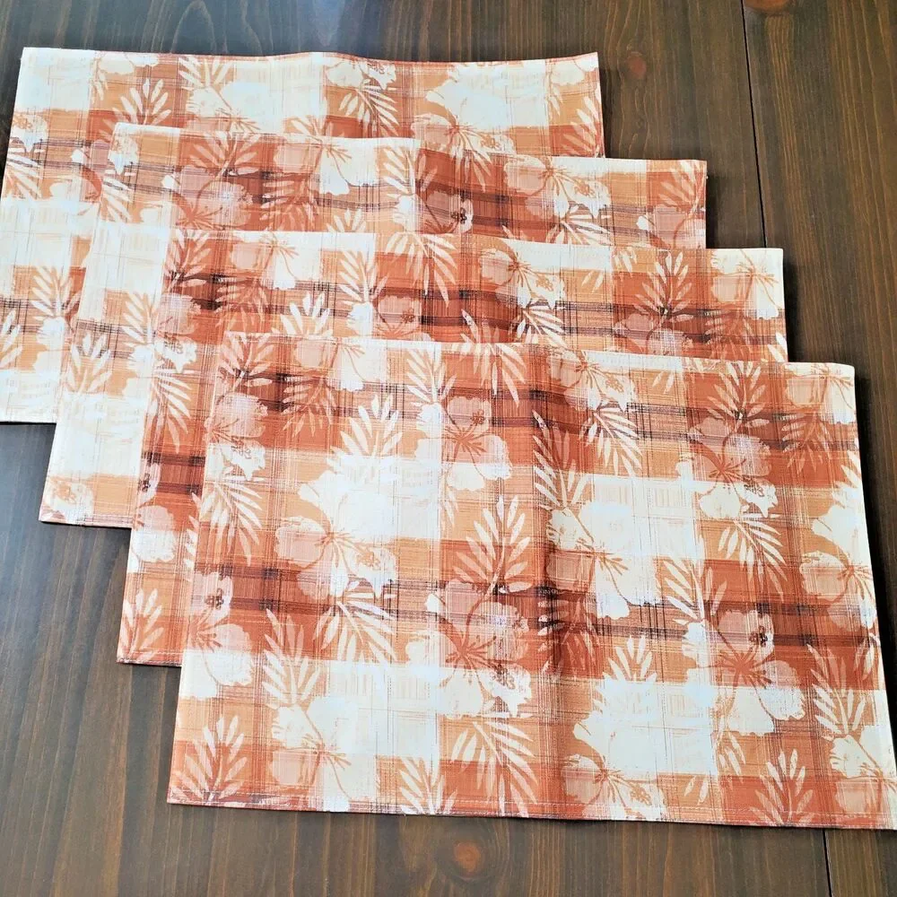 Cloth Placemats 4 Tropical Floral Plaid Brown Cream Tan Hibiscus 19x13